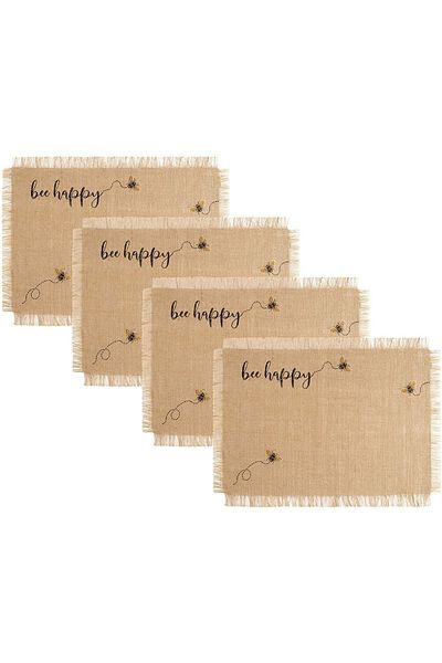 meditroia Home Fashion Farmhouse Living Bee Happy Burlap Σουπλά, Σετ 4 τεμαχίων