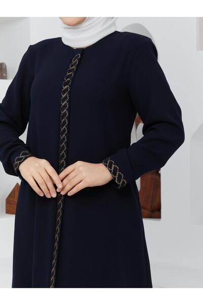 KMKkombin Kadın Gizli Fermuarlı Fermuar Üstü ve Manşeti Taşlı Pardesü