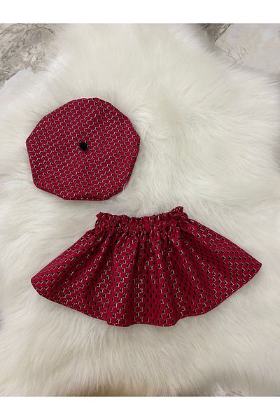 Moda Lina Red Patterned Skirt Hat Set