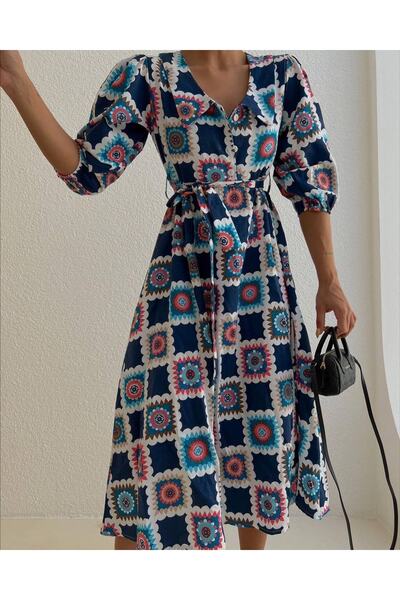 dükkan10butika Rochie de damă din popelin cu curea, cu guler, albastru bleumarin