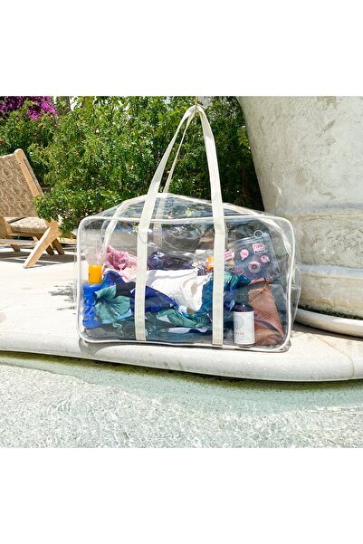 4nio Premium Şeffaf Krem Renkli Bavul Plaj Çantası