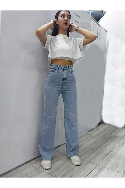 Trn JNS Picioare largi anii 90 - Pantaloni Palazzo din denim lycra și cu talie înaltă