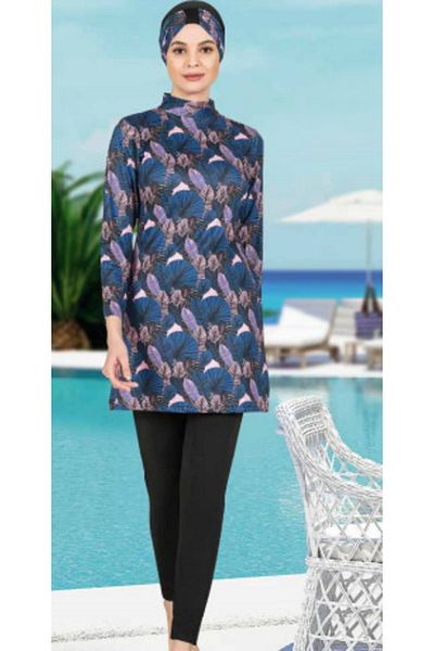 Fantasy 3108 Printed Pattern Navy Blue Pink Hijab Swimsuit
