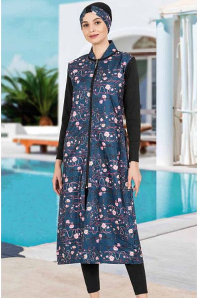 Fantasy 3123 Printed Pattern Long Indigo Hijab Swimsuit