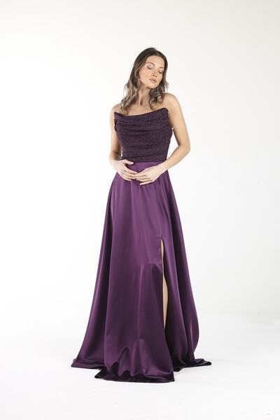 ALİS DRESS Mor Üst Kısmı Simli Saten Abiye