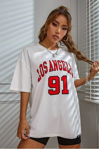 MODAGEN Tricou alb oversize, roșu, imprimat Los Angeles