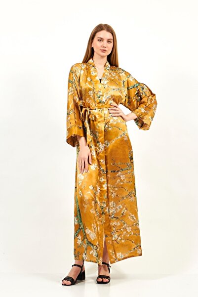 Nomads Felt %100 Ipek Kimono Sabahlık Sarı Kaftan Almond Blossoms Desenli