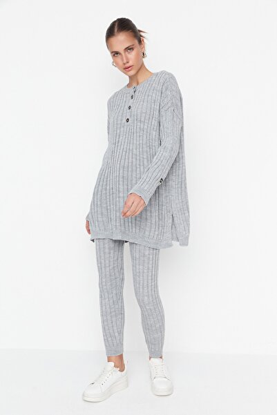 Trendyol Collection Szürke zsinóros nadrág kötött felső és alsó készlet TWOAW22AU0039