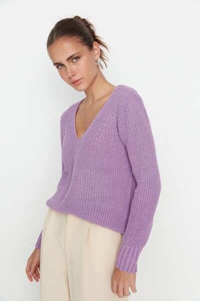 Trendyol Collection Pulover tricotaj cu decolteu în V liliac TWOAW22KZ0880
