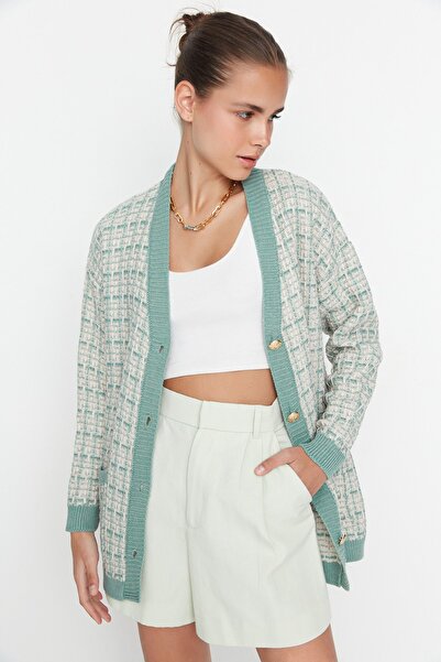 Trendyol Collection Mint Wide Fit Tweed Look Třpytivý pletený Cardigan TWOAW21HI0250