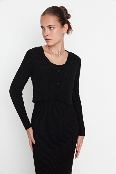 Trendyol Collection Σετ ζακέτα και φόρεμα μίντι μήκους μαύρη πλεκτά - TWOSS21EL0208