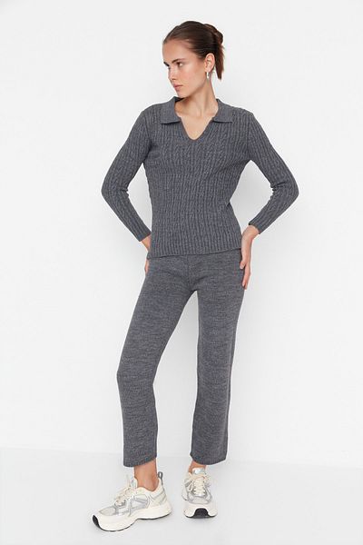 Trendyol Collection Anthracite Hair Braid Detailed Knitwear Top and Bottom Set TWOAW23AU00024