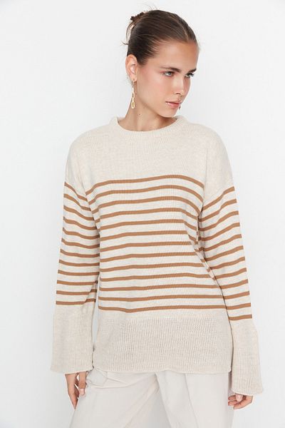 Trendyol Collection Beiger Strickpullover mit Streifen in weiter Passform TWOAW23KZ01031