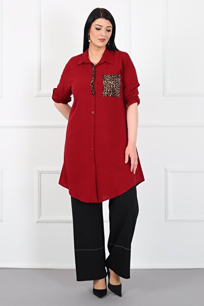 By Alba Collection Women's Burgundy Leopard Pocket Cotton Viscose Large Size Tunic
