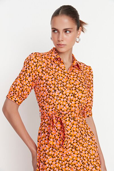 Trendyol Collection Orange Floral Pattern Belted Midi Woven Viscose Shirt Dress TWOSS20EL1559