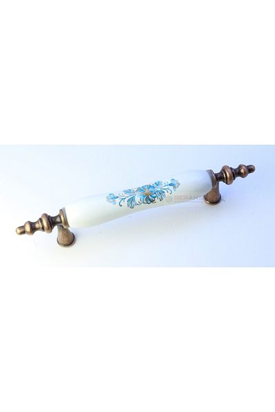 SERAKS MOBİLYA AKSESUARLARI 96 mm - (9.6 cm) Real Porcelain Handle - Copper End Blue Flower Pattern