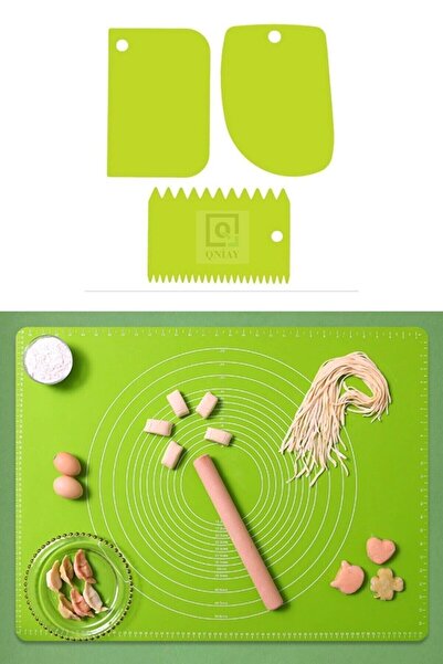 Genel Markalar Hamur Seti 4lü Set Silikon Ölçekli Hamur Açma Matı + 3 Lü Hamur Kesme Aparatı Spatulası Börek Mantı