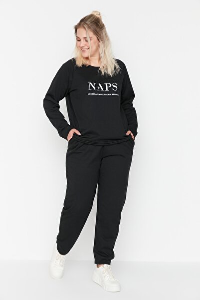 Trendyol Curve Pamut fekete nyomott kötött pizsama szett - TBBAW23AI00016