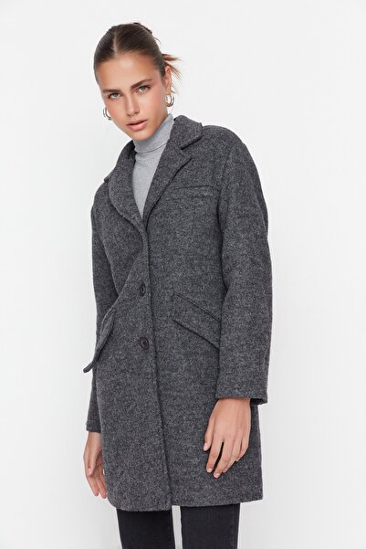 Trendyol Collection Παλτό από μαλλί με σφραγίδα με κλείσιμο ανθρακί TWOAW22KB0167