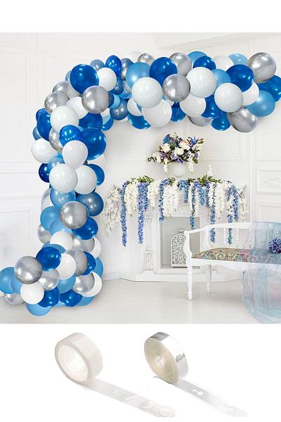 Parti dolabı Balloon Party 100 Pieces White Blue Gray Navy Blue Metallic Balloon And Balloon Chain