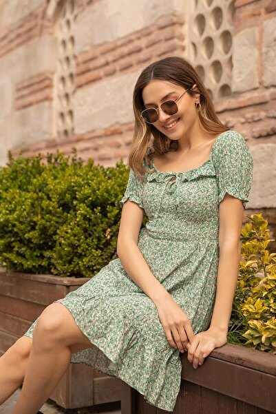 bayansepeti Φόρεμα με φλοράλ στάμπα από ύφασμα βισκόζης Guipeli Πράσινο φόρεμα που μπορεί να χρησιμοποιηθεί στους ώμους και στο πλάι 040