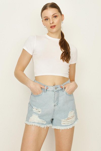 Select Moda Pantaloni scurți de damă albastru deschis din denim cu detalii rupte