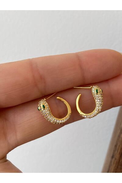 Esmeray Aksesuar Vip Çelik Gold Renk Zirkon Taş Yılan Tasarım Antialerjik Küpe Genişlik 1 Cm.