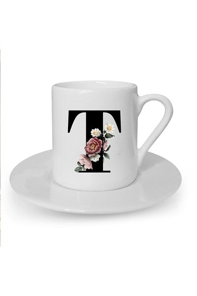 Kumbara Hediyelik White Turkish Coffee Cup - Letter T Printed