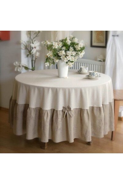 METİNEV Krem Bej Fiyonklu Yuvarlak Masa Örtüsü