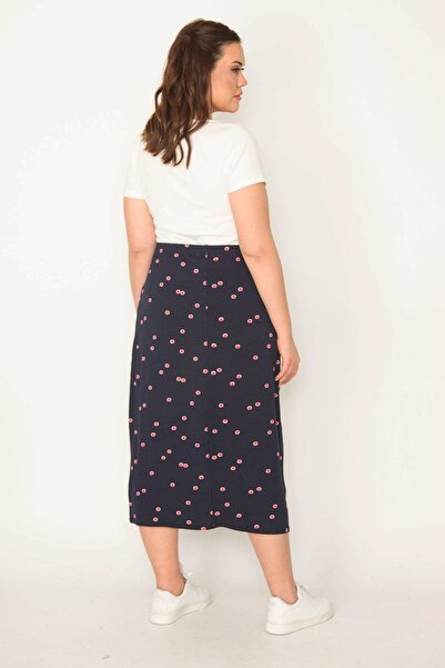 Şans Tekstil Women's Navy Blue Elastic Waist Patterned Skirt 26a32321