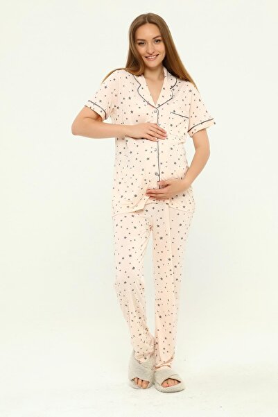 LİKAPA Önden Düğmeli Hamile Lohusa Mevsimlik Kısa Kol Pijama Takımı