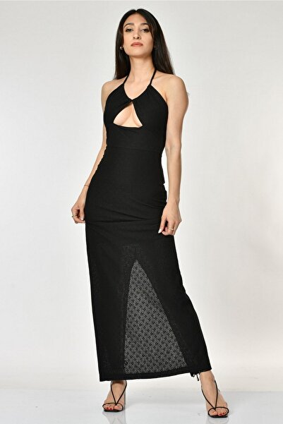 Lefon Жіноча сукня з відкритою спиною, що зав'язується на шиї, з вирізами, середньої довжини - чорна