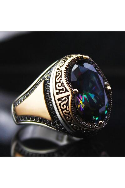 OSMANLI GÜMÜŞ Karışık Renk Mistik Topaz Mikrotaş Işlemeli Özel Seri Erkek Güm...