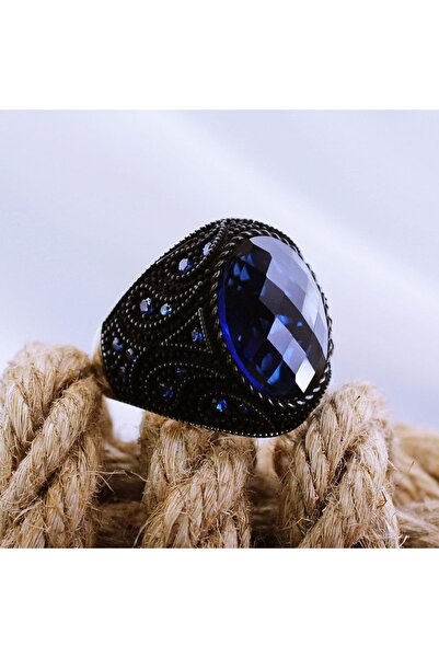 OSMANLI GÜMÜŞ Lacivert Safir Kristal Kesim Mikro Taşlı Özel Seri Erkek Gümüş ...