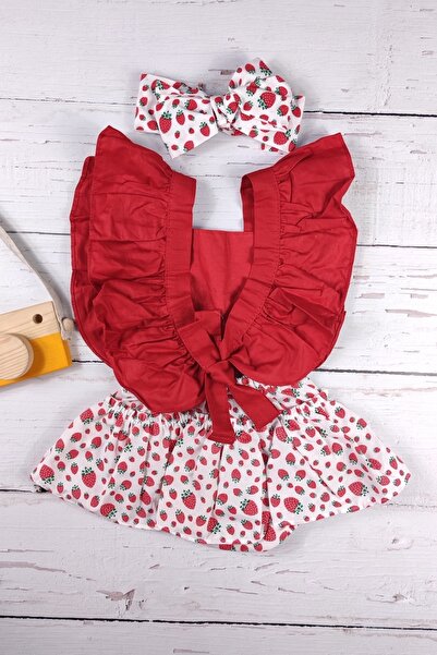 ADABEBEK Girl's Frilly Strawberry Patterned Bandana Salopette Set