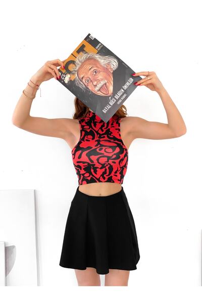 ladyzey Women's Half Turtleneck Sleeveless Red Patterned Crop Body