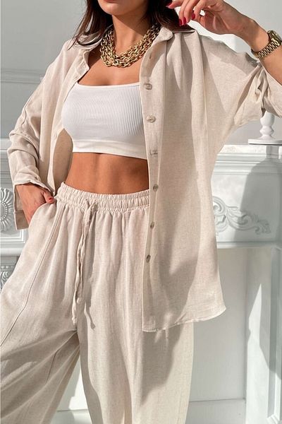 Suzi butik Γυναικείο πουκάμισο από λινό υφή Loose Cut Stone χρώμα