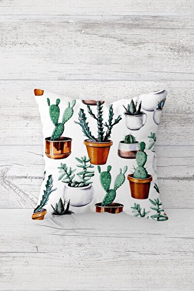 Pelangi Kaktüs Desenli Çift Tarafı Baskılı Gizli Fermuarlı Yastık Kılıfı Kırl...