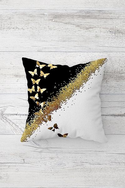 Pelangi Gold Butterfly Double Sided Printed Hidden Zippered Pillowcase Throw Pillow Seat Pillowcase
