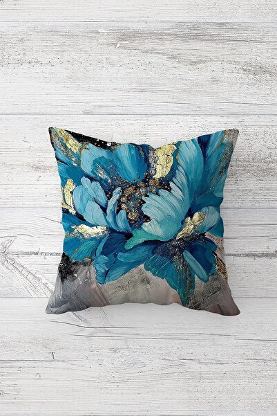 Pelangi غطاء وسادة بسحاب مخفي مطبوع عليه زهور باللون الأزرق الذهبي على الوجهين