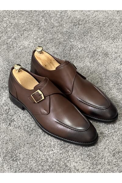 NAZEF Neolit Sole Single Buckle Detailed Classic Brown Shoes
