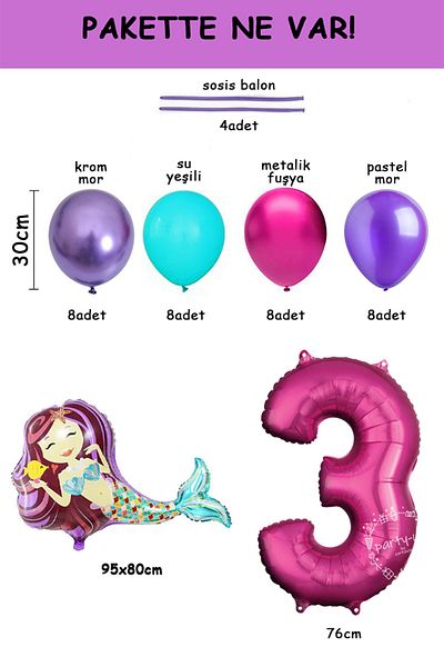 PARTİAVM Mermaid Balloon Welcome Set Fuchsia 76cm Number Balloon Balloon Column Welcome Set