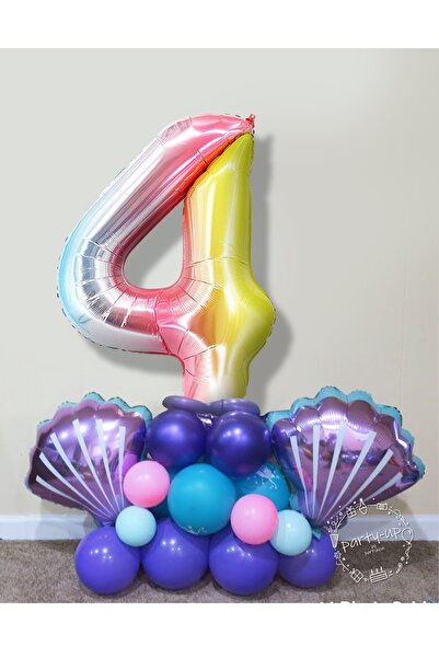 PARTİAVM Mermaid Seashell Balloon Welcome Set 76cm Rainbow Colored Number Bal...