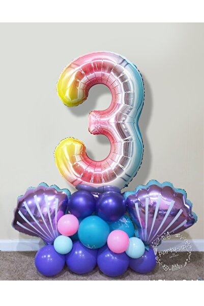 PARTİAVM Mermaid Seashell Balloon Welcome Set 76cm Rainbow Colored Number Bal...