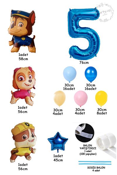 PARTİAVM Paw Patrol Balloon Paw Patrol Characters Themed Welcome Set 76cm Blue Number Balloon Easy Installation