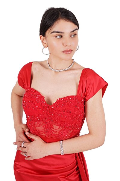 SpringStore Kırmızı Taş Işlemeli Transparan Saten Abiye Elbise