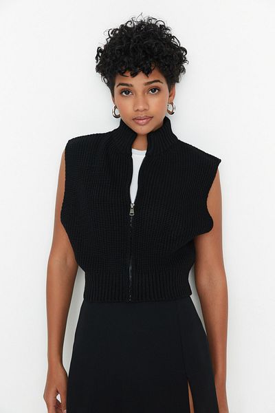 Trendyol Collection Basic Black Crop Knitwear Vest - Zippered Twoaw23Hi0015
