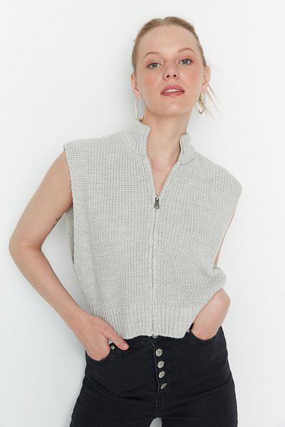 Trendyol Collection Γκρι Basic Knitwear Crop γιλέκο - με φερμουάρ, TWOAW23HI0015