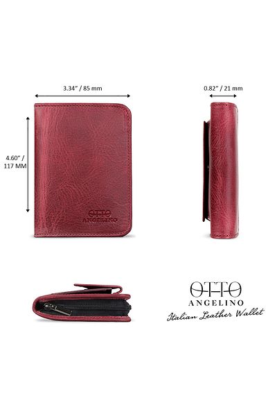 OttoAngelino Otto Angelino Portofel multifuncțional din piele italiană cu fermoar cu protecție RFID - Roșu Claret