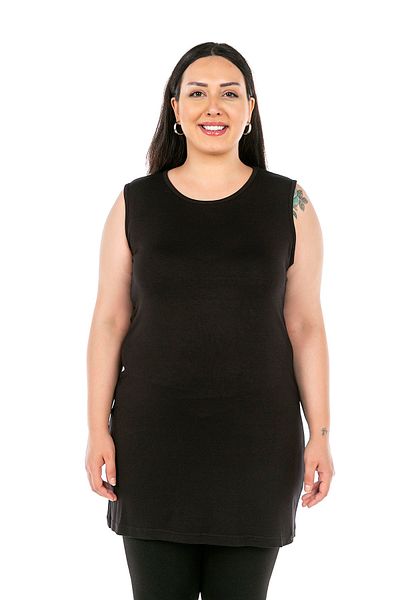 DISENTIS MODEST Large Size Round Neck Thick Strap Viscose Long Black Body